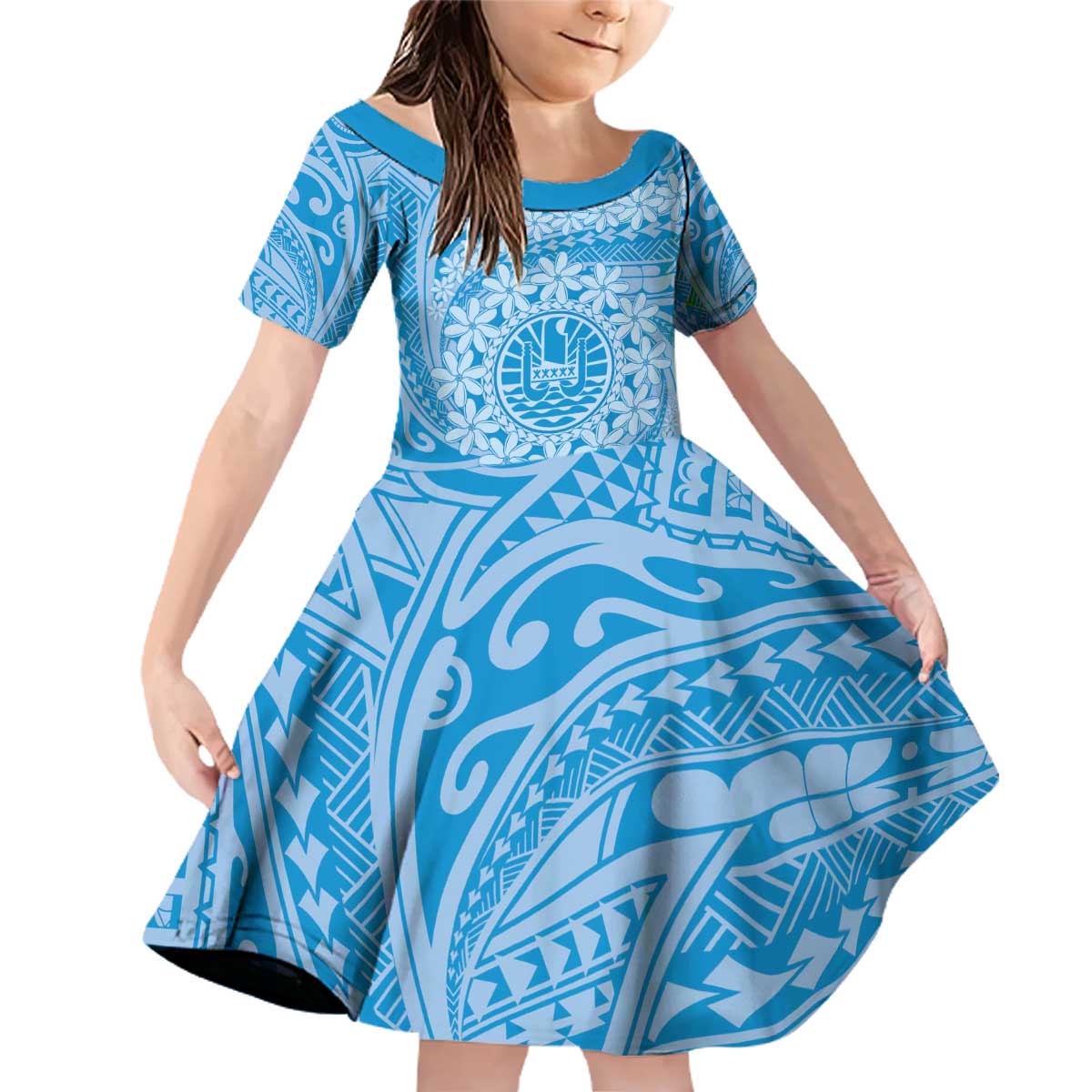 Tahitian Tiare Flower Family Matching Off Shoulder Short Dress and Hawaiian Shirt Blue Polynesian Pattern LT9 Daughter's Dress Blue - Polynesian Pride