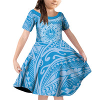 Tahitian Tiare Flower Family Matching Off Shoulder Short Dress and Hawaiian Shirt Blue Polynesian Pattern LT9 Daughter's Dress Blue - Polynesian Pride