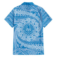 Tahitian Tiare Flower Family Matching Off Shoulder Short Dress and Hawaiian Shirt Blue Polynesian Pattern LT9 - Polynesian Pride