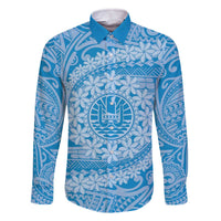 Tahitian Tiare Flower Family Matching Off Shoulder Short Dress and Hawaiian Shirt Blue Polynesian Pattern LT9 Dad's Shirt - Long Sleeve Blue - Polynesian Pride