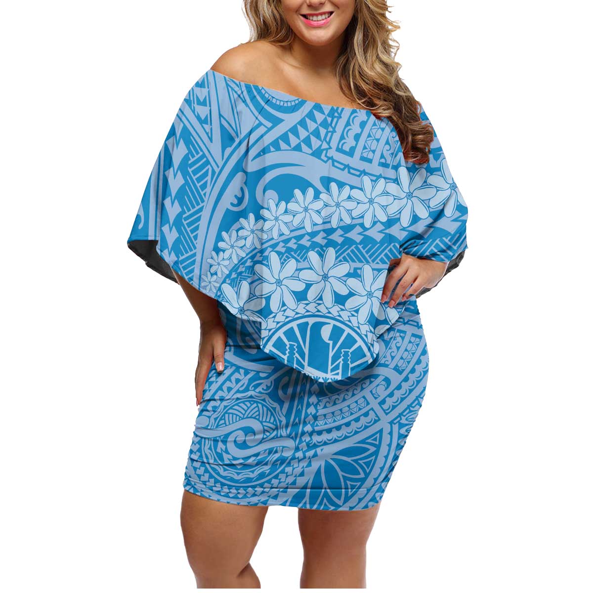Tahitian Tiare Flower Family Matching Off Shoulder Short Dress and Hawaiian Shirt Blue Polynesian Pattern LT9 Mom's Dress Blue - Polynesian Pride