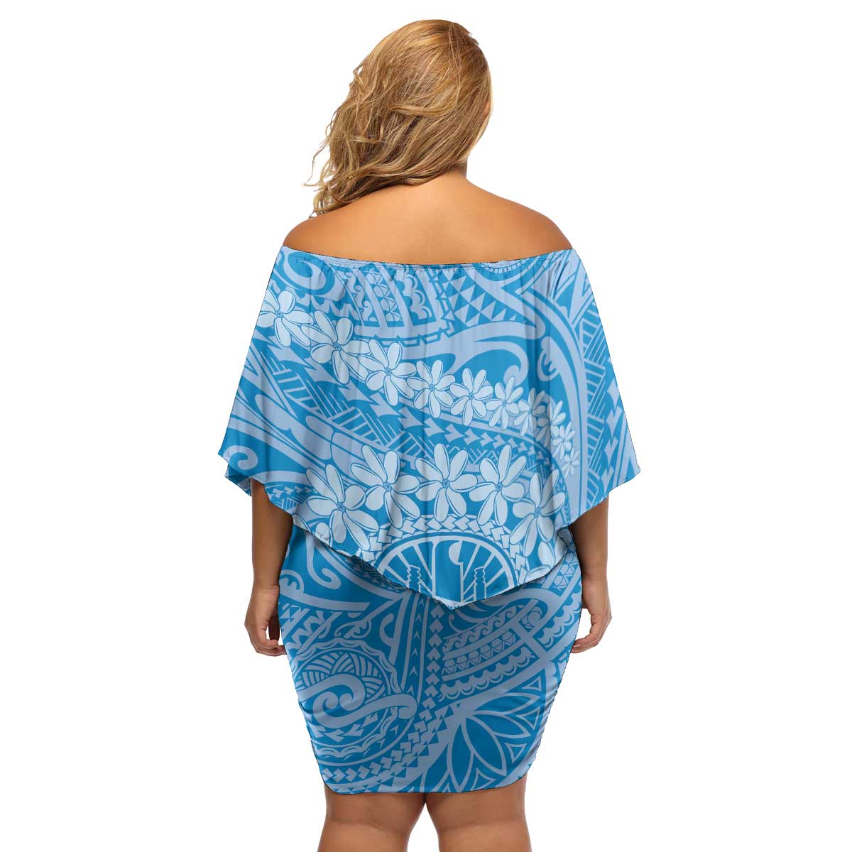 Tahitian Tiare Flower Family Matching Off Shoulder Short Dress and Hawaiian Shirt Blue Polynesian Pattern LT9 - Polynesian Pride