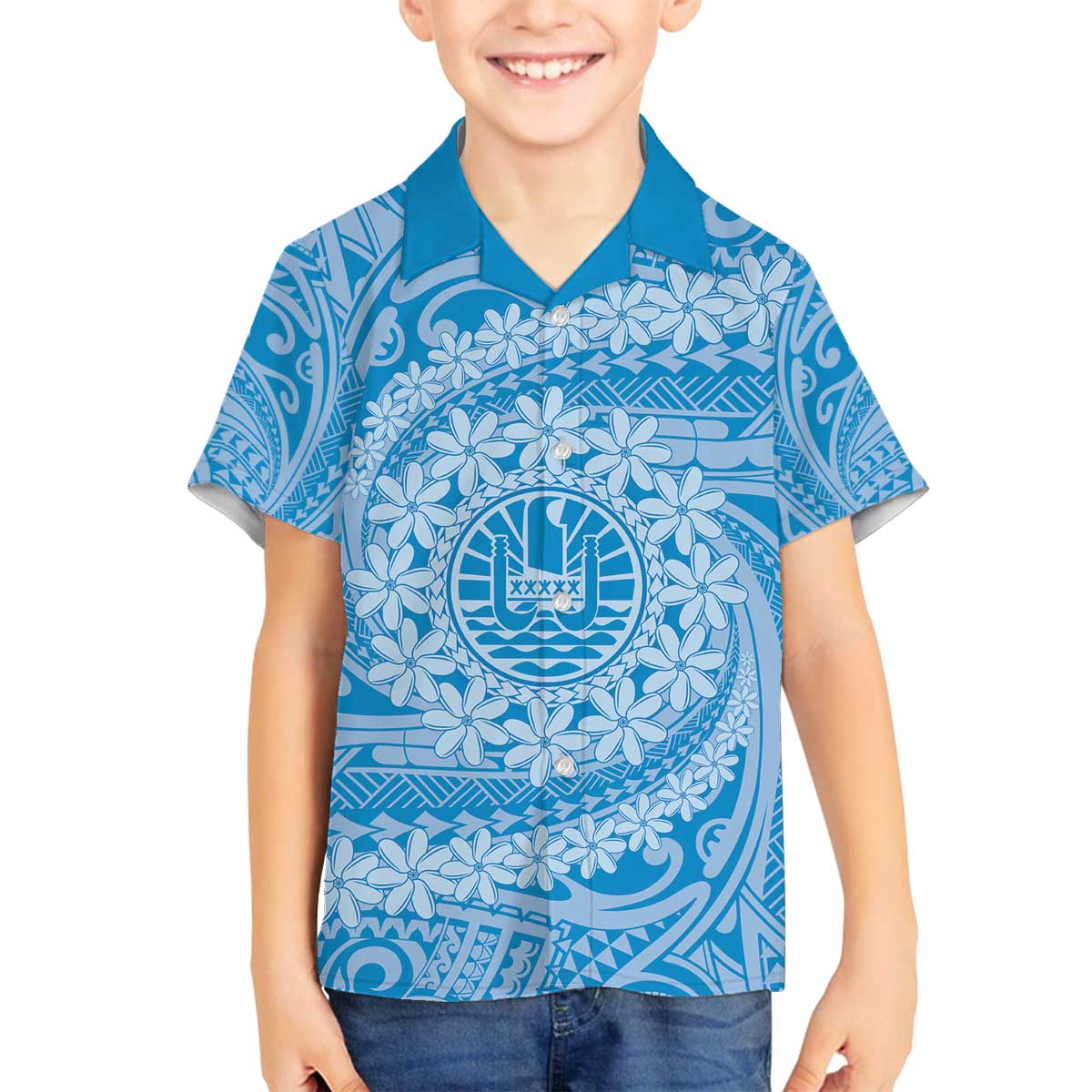 Tahitian Tiare Flower Family Matching Off Shoulder Short Dress and Hawaiian Shirt Blue Polynesian Pattern LT9 Son's Shirt Blue - Polynesian Pride