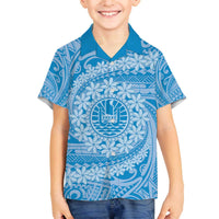 Tahitian Tiare Flower Family Matching Off Shoulder Short Dress and Hawaiian Shirt Blue Polynesian Pattern LT9 Son's Shirt Blue - Polynesian Pride
