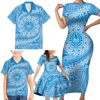 Tahitian Tiare Flower Family Matching Short Sleeve Bodycon Dress and Hawaiian Shirt Blue Polynesian Pattern LT9 - Polynesian Pride