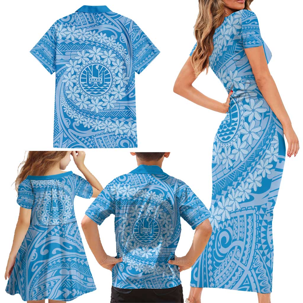 Tahitian Tiare Flower Family Matching Short Sleeve Bodycon Dress and Hawaiian Shirt Blue Polynesian Pattern LT9 - Polynesian Pride
