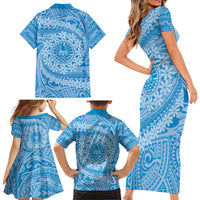 Tahitian Tiare Flower Family Matching Short Sleeve Bodycon Dress and Hawaiian Shirt Blue Polynesian Pattern LT9 - Polynesian Pride