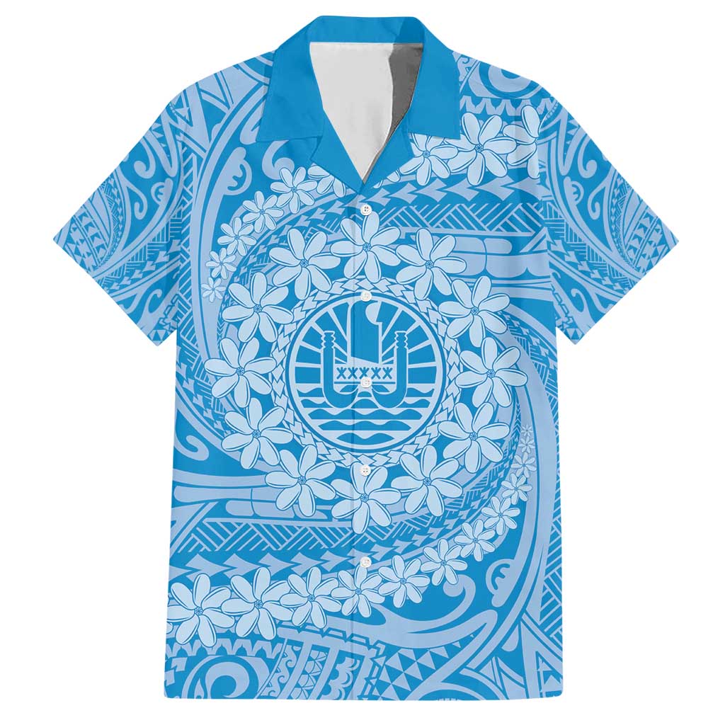 Tahitian Tiare Flower Family Matching Short Sleeve Bodycon Dress and Hawaiian Shirt Blue Polynesian Pattern LT9 Dad's Shirt - Short Sleeve Blue - Polynesian Pride