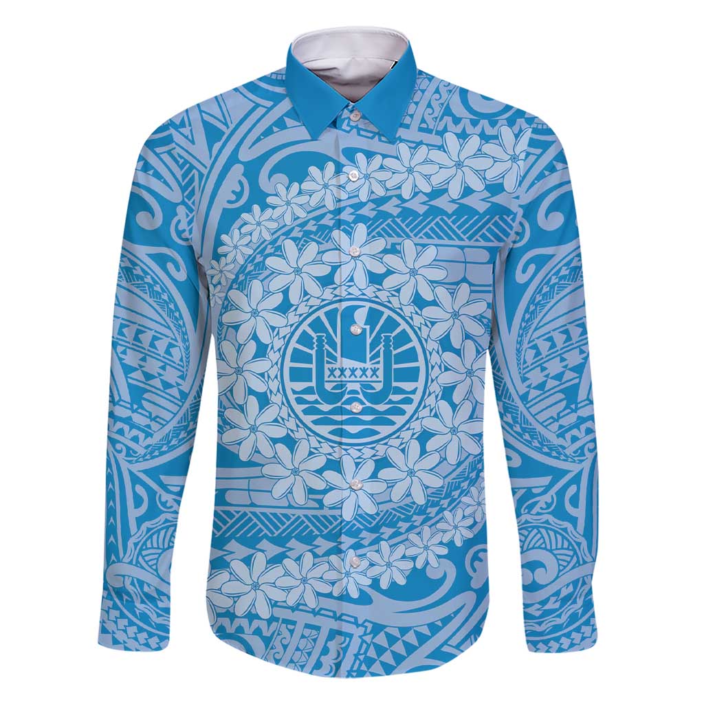 Tahitian Tiare Flower Family Matching Short Sleeve Bodycon Dress and Hawaiian Shirt Blue Polynesian Pattern LT9 Dad's Shirt - Long Sleeve Blue - Polynesian Pride