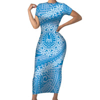 Tahitian Tiare Flower Family Matching Short Sleeve Bodycon Dress and Hawaiian Shirt Blue Polynesian Pattern LT9 Mom's Dress Blue - Polynesian Pride