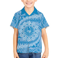 Tahitian Tiare Flower Family Matching Short Sleeve Bodycon Dress and Hawaiian Shirt Blue Polynesian Pattern LT9 Son's Shirt Blue - Polynesian Pride