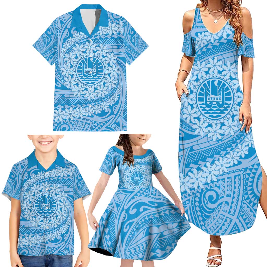 Tahitian Tiare Flower Family Matching Summer Maxi Dress and Hawaiian Shirt Blue Polynesian Pattern LT9 - Polynesian Pride