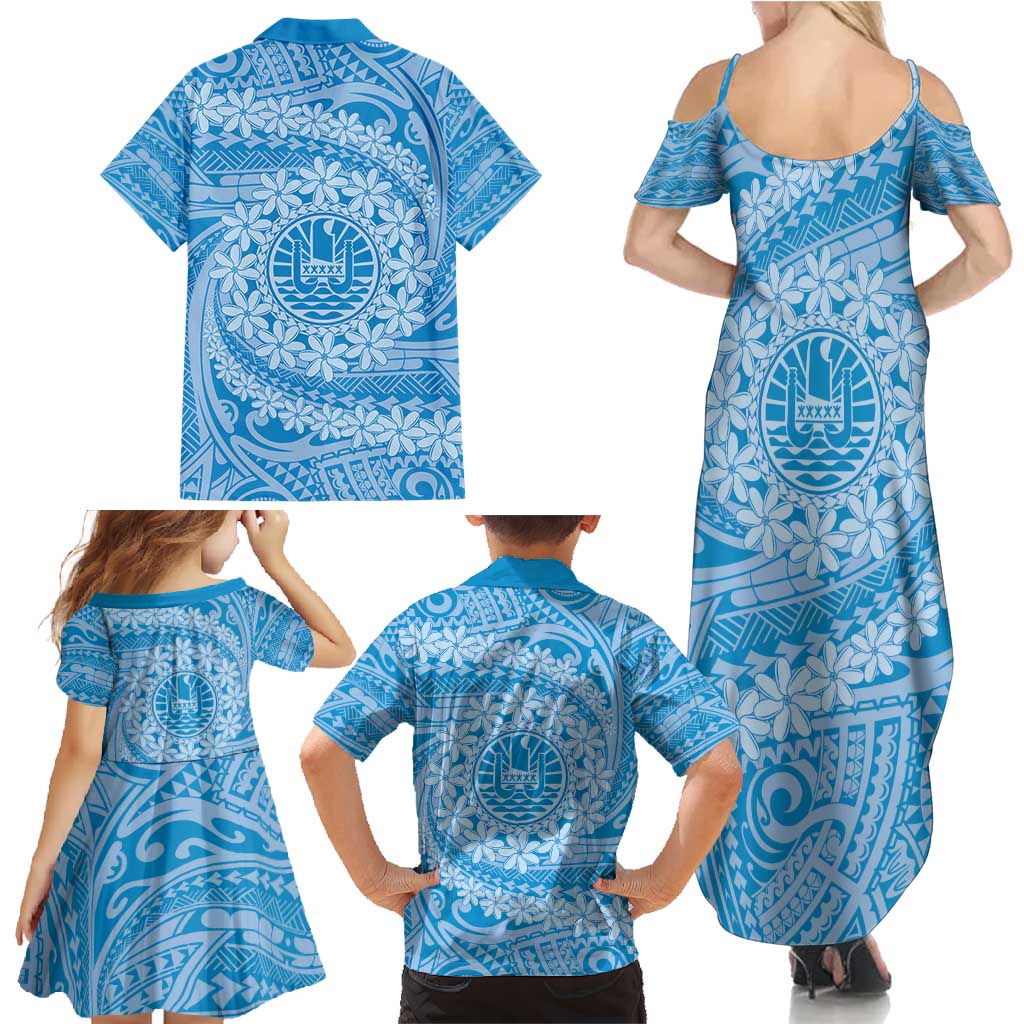 Tahitian Tiare Flower Family Matching Summer Maxi Dress and Hawaiian Shirt Blue Polynesian Pattern LT9 - Polynesian Pride
