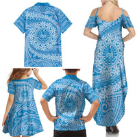 Tahitian Tiare Flower Family Matching Summer Maxi Dress and Hawaiian Shirt Blue Polynesian Pattern LT9 - Polynesian Pride
