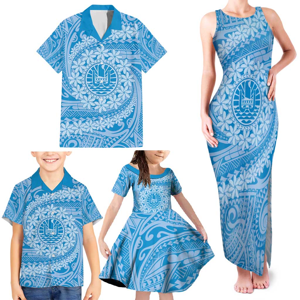 Tahitian Tiare Flower Family Matching Tank Maxi Dress and Hawaiian Shirt Blue Polynesian Pattern LT9 - Polynesian Pride