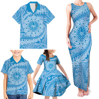 Tahitian Tiare Flower Family Matching Tank Maxi Dress and Hawaiian Shirt Blue Polynesian Pattern LT9 - Polynesian Pride