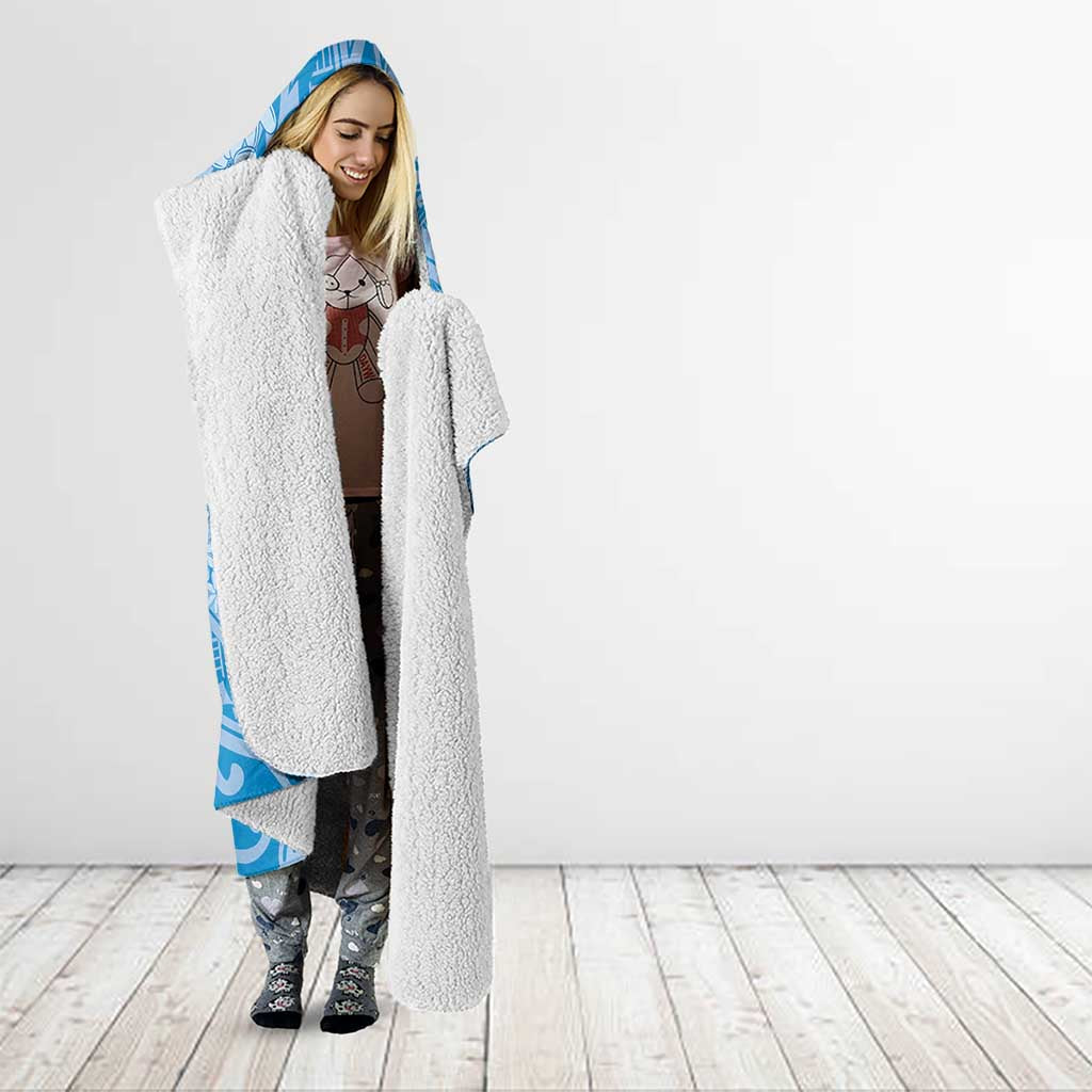 Tahitian Tiare Flower Hooded Blanket Blue Polynesian Pattern
