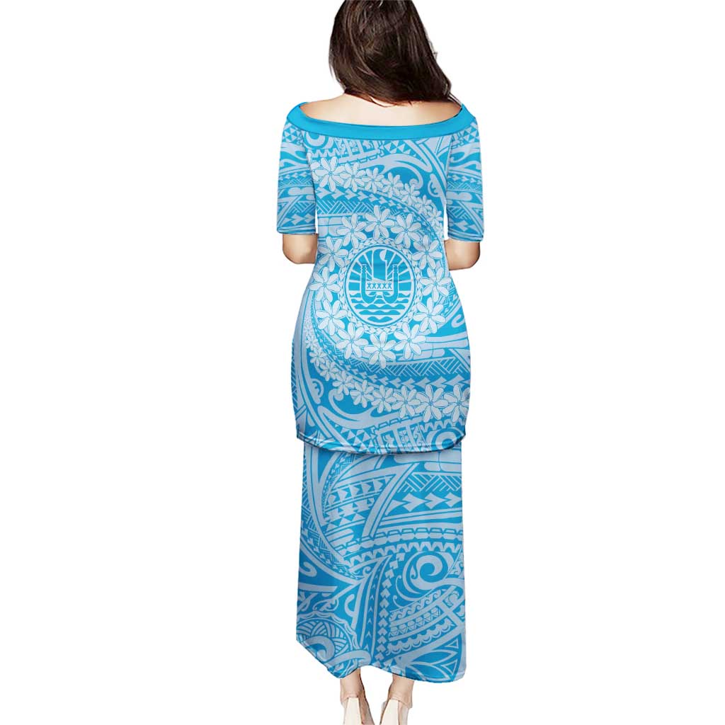 Tahitian Tiare Flower Puletasi Blue Polynesian Pattern