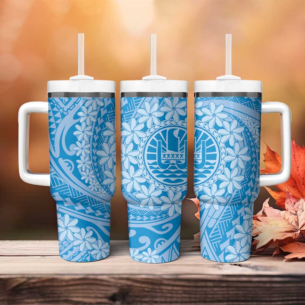 Tahitian Tiare Flower Tumbler With Handle Blue Polynesian Pattern