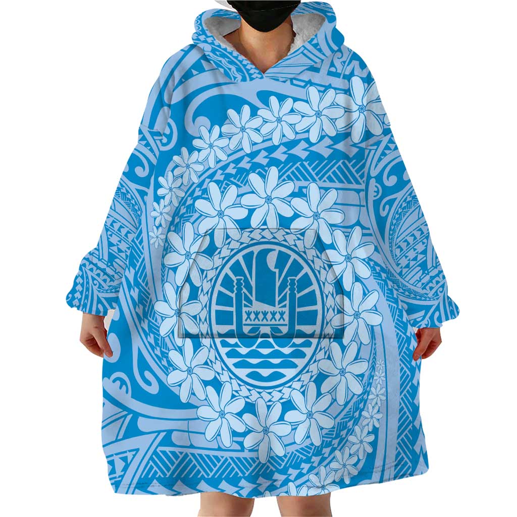 Tahitian Tiare Flower Wearable Blanket Hoodie Blue Polynesian Pattern LT9 - Polynesian Pride