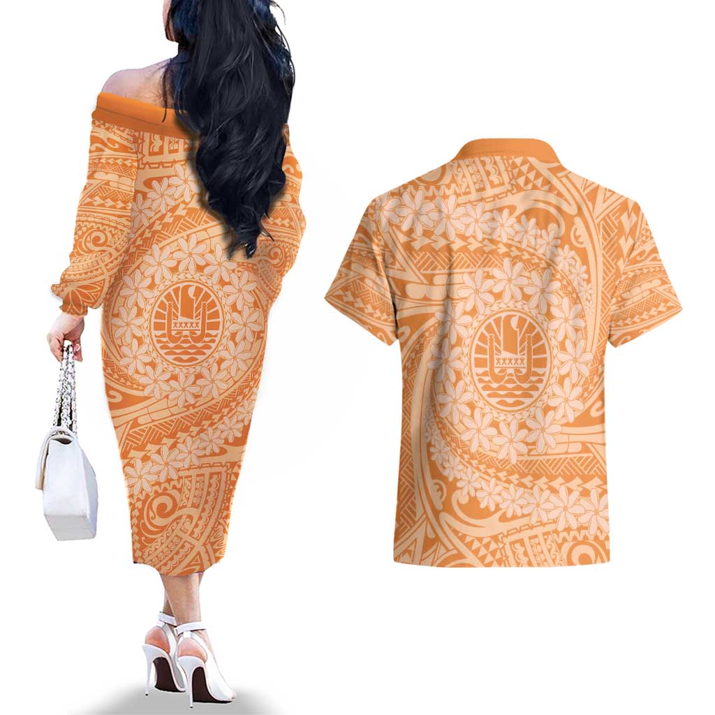 Tahitian Tiare Flower Couples Matching Off The Shoulder Long Sleeve Dress and Hawaiian Shirt Gold Polynesian Pattern LT9 - Polynesian Pride