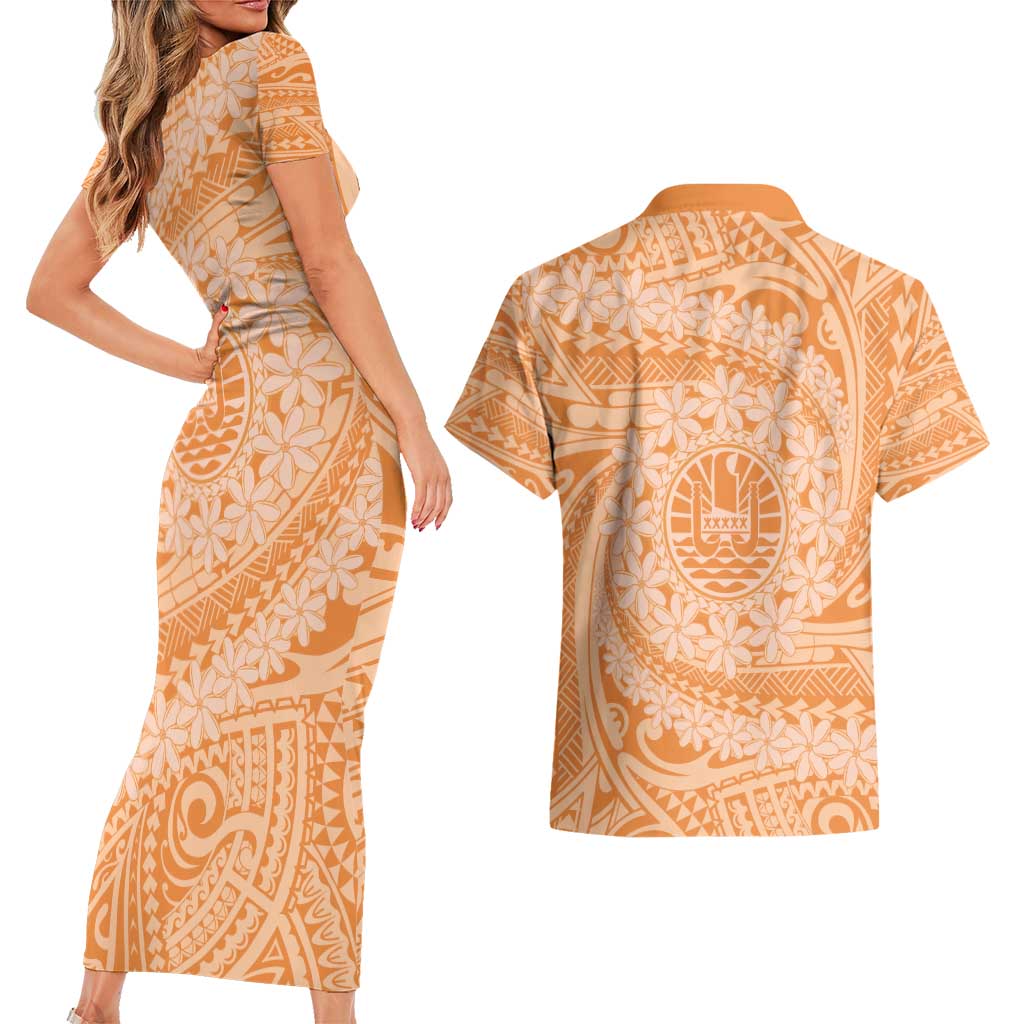 Tahitian Tiare Flower Couples Matching Short Sleeve Bodycon Dress and Hawaiian Shirt Gold Polynesian Pattern LT9 - Polynesian Pride