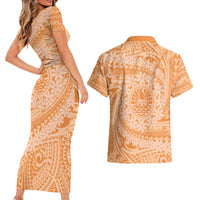 Tahitian Tiare Flower Couples Matching Short Sleeve Bodycon Dress and Hawaiian Shirt Gold Polynesian Pattern LT9 - Polynesian Pride