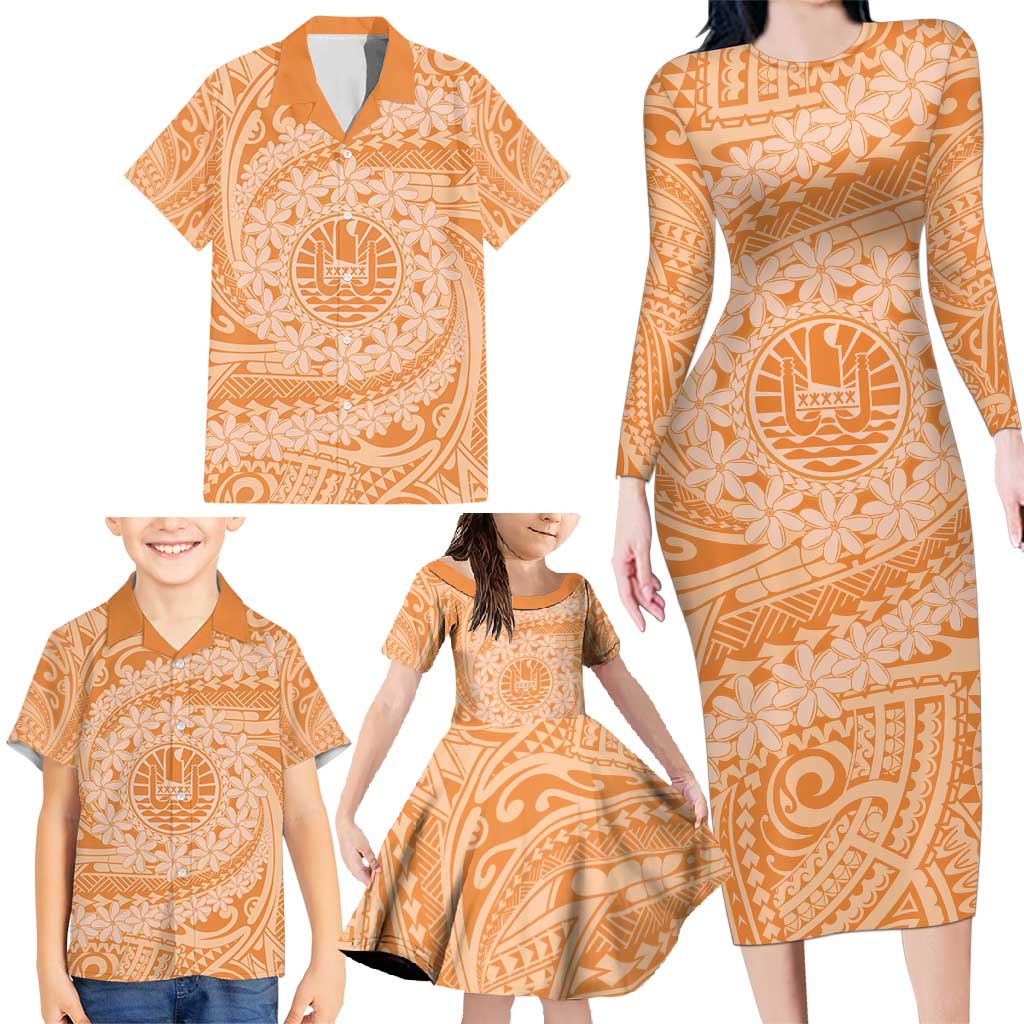 Tahitian Tiare Flower Family Matching Long Sleeve Bodycon Dress and Hawaiian Shirt Gold Polynesian Pattern LT9 - Polynesian Pride