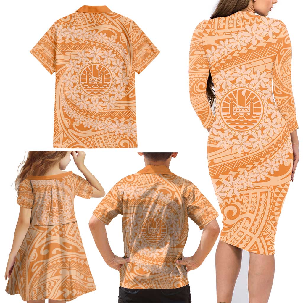 Tahitian Tiare Flower Family Matching Long Sleeve Bodycon Dress and Hawaiian Shirt Gold Polynesian Pattern LT9 - Polynesian Pride