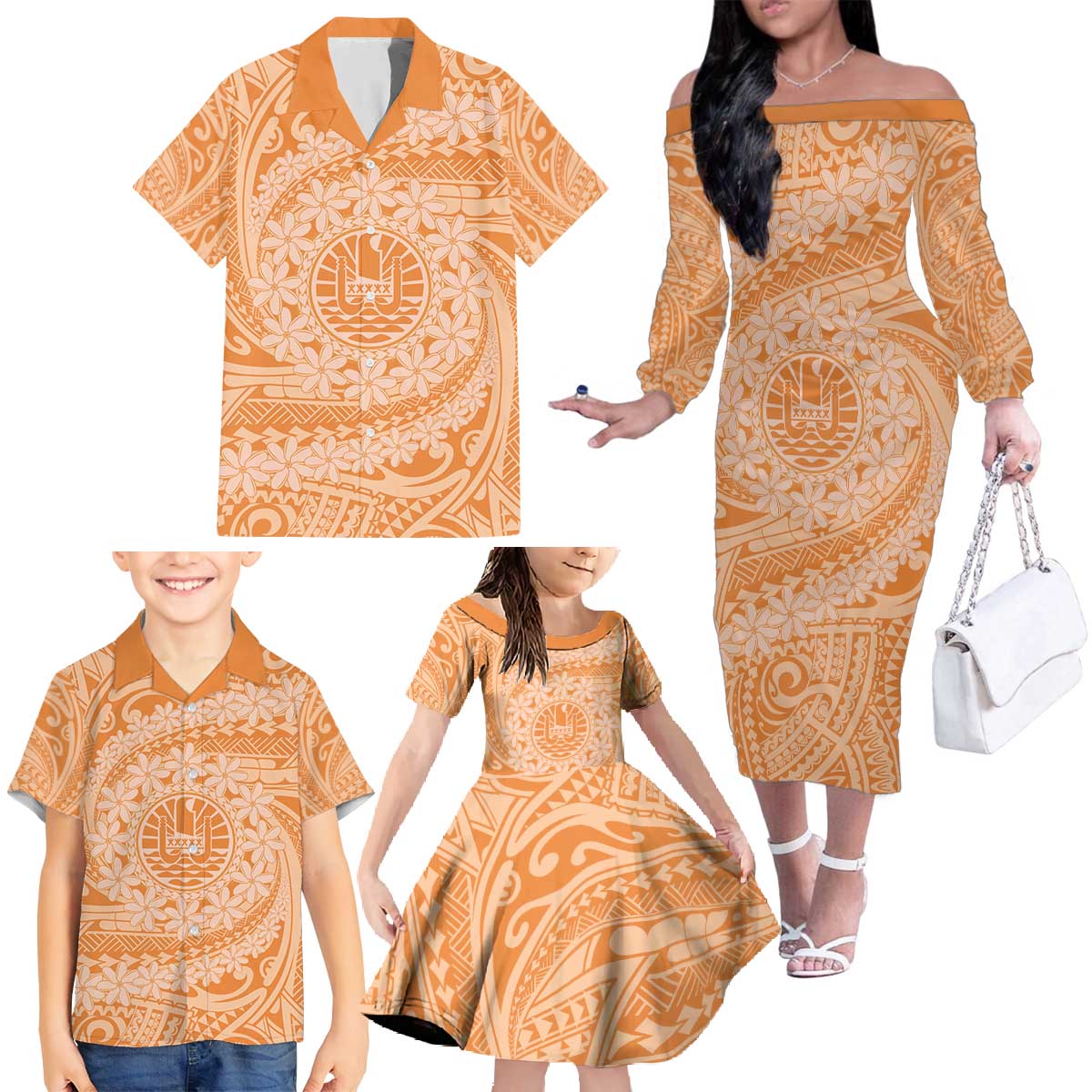 Tahitian Tiare Flower Family Matching Off The Shoulder Long Sleeve Dress and Hawaiian Shirt Gold Polynesian Pattern LT9 - Polynesian Pride