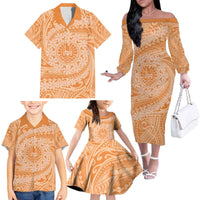 Tahitian Tiare Flower Family Matching Off The Shoulder Long Sleeve Dress and Hawaiian Shirt Gold Polynesian Pattern LT9 - Polynesian Pride