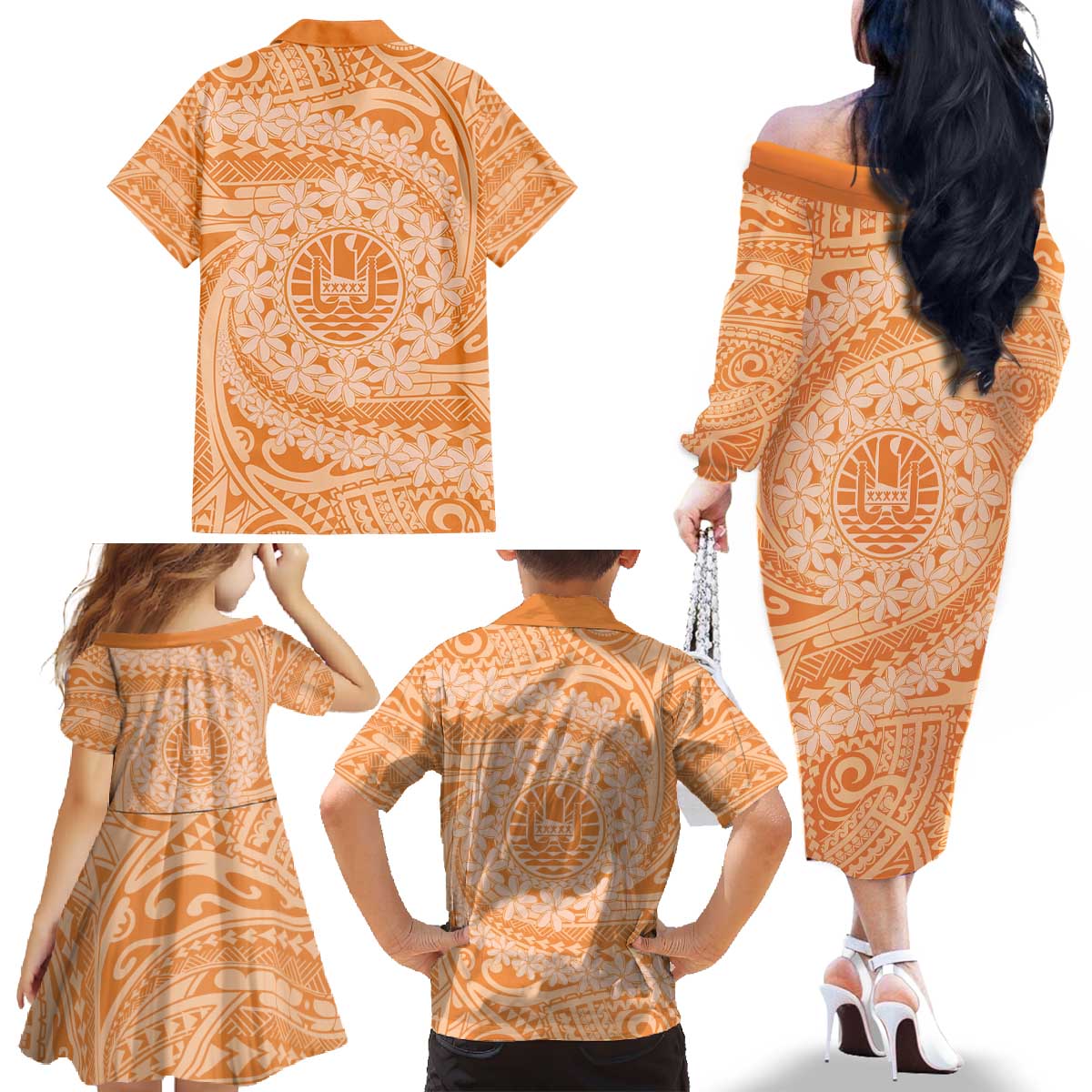 Tahitian Tiare Flower Family Matching Off The Shoulder Long Sleeve Dress and Hawaiian Shirt Gold Polynesian Pattern LT9 - Polynesian Pride