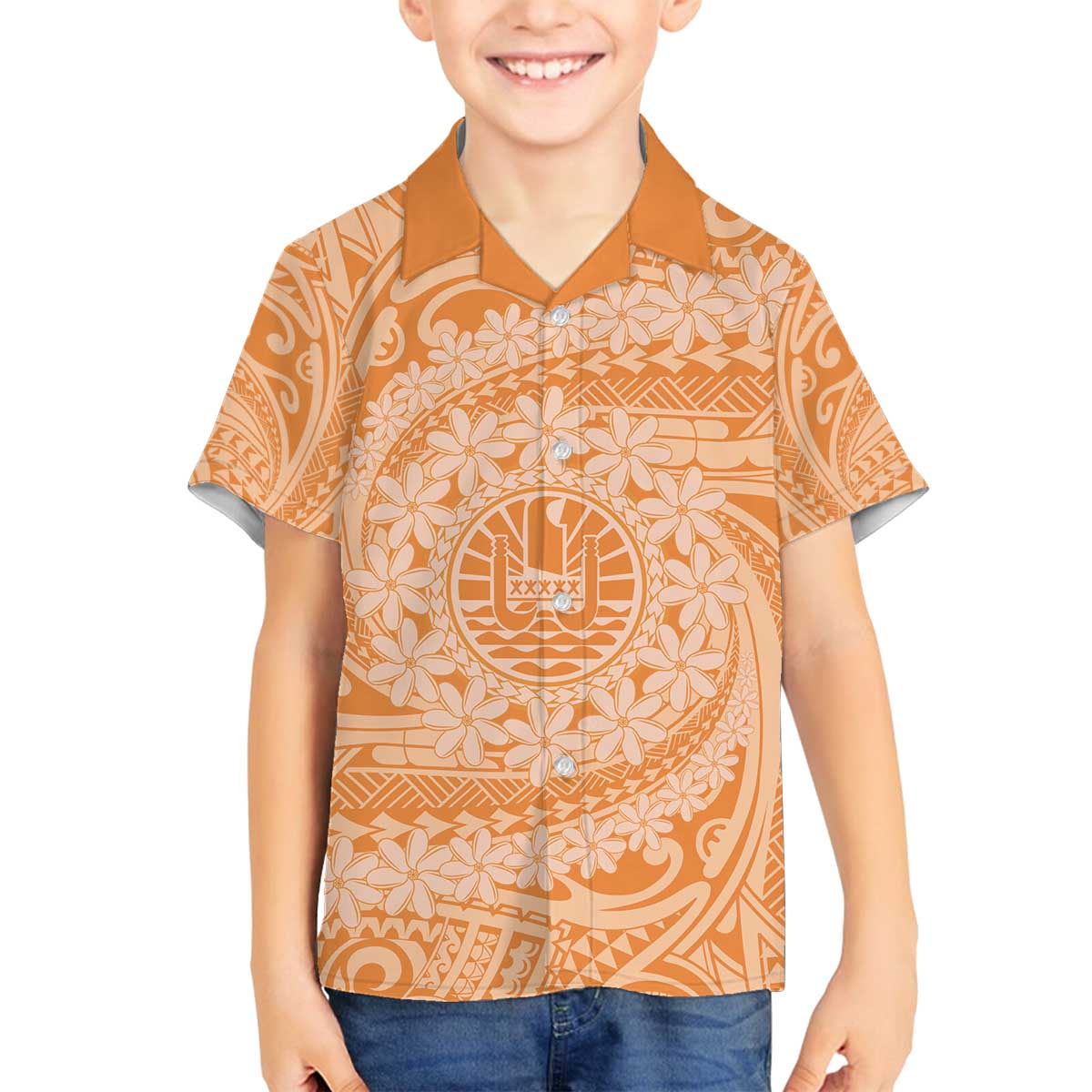 Tahitian Tiare Flower Family Matching Off The Shoulder Long Sleeve Dress and Hawaiian Shirt Gold Polynesian Pattern LT9 Son's Shirt Gold - Polynesian Pride