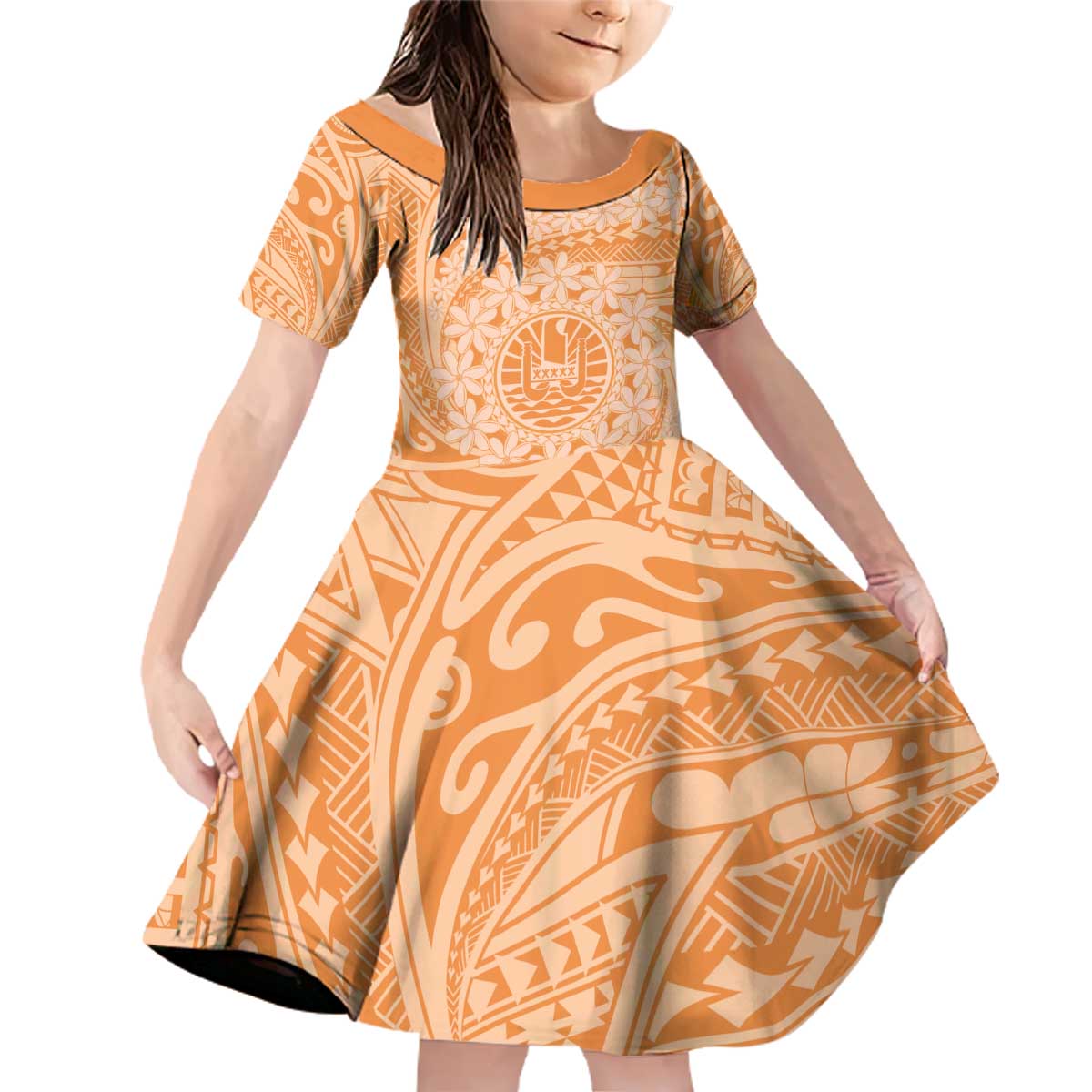 Tahitian Tiare Flower Family Matching Off Shoulder Short Dress and Hawaiian Shirt Gold Polynesian Pattern LT9 Daughter's Dress Gold - Polynesian Pride