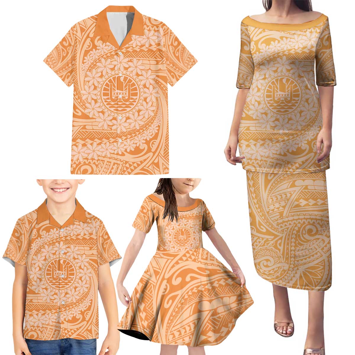 Tahitian Tiare Flower Family Matching Puletasi and Hawaiian Shirt Gold Polynesian Pattern LT9 - Polynesian Pride