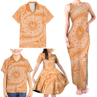 Tahitian Tiare Flower Family Matching Tank Maxi Dress and Hawaiian Shirt Gold Polynesian Pattern LT9 - Polynesian Pride