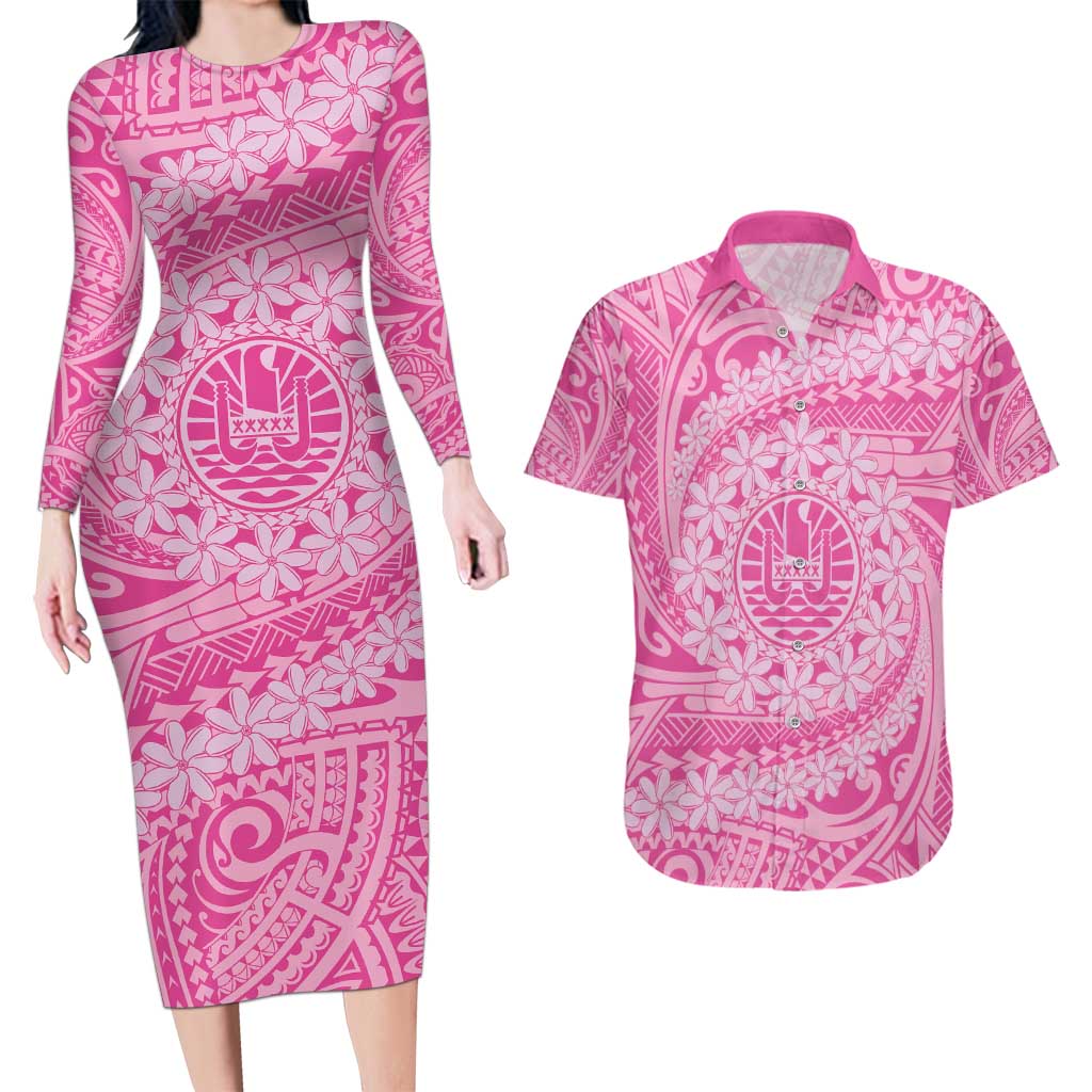 Tahitian Tiare Flower Couples Matching Long Sleeve Bodycon Dress and Hawaiian Shirt Pink Polynesian Pattern LT9 Pink - Polynesian Pride