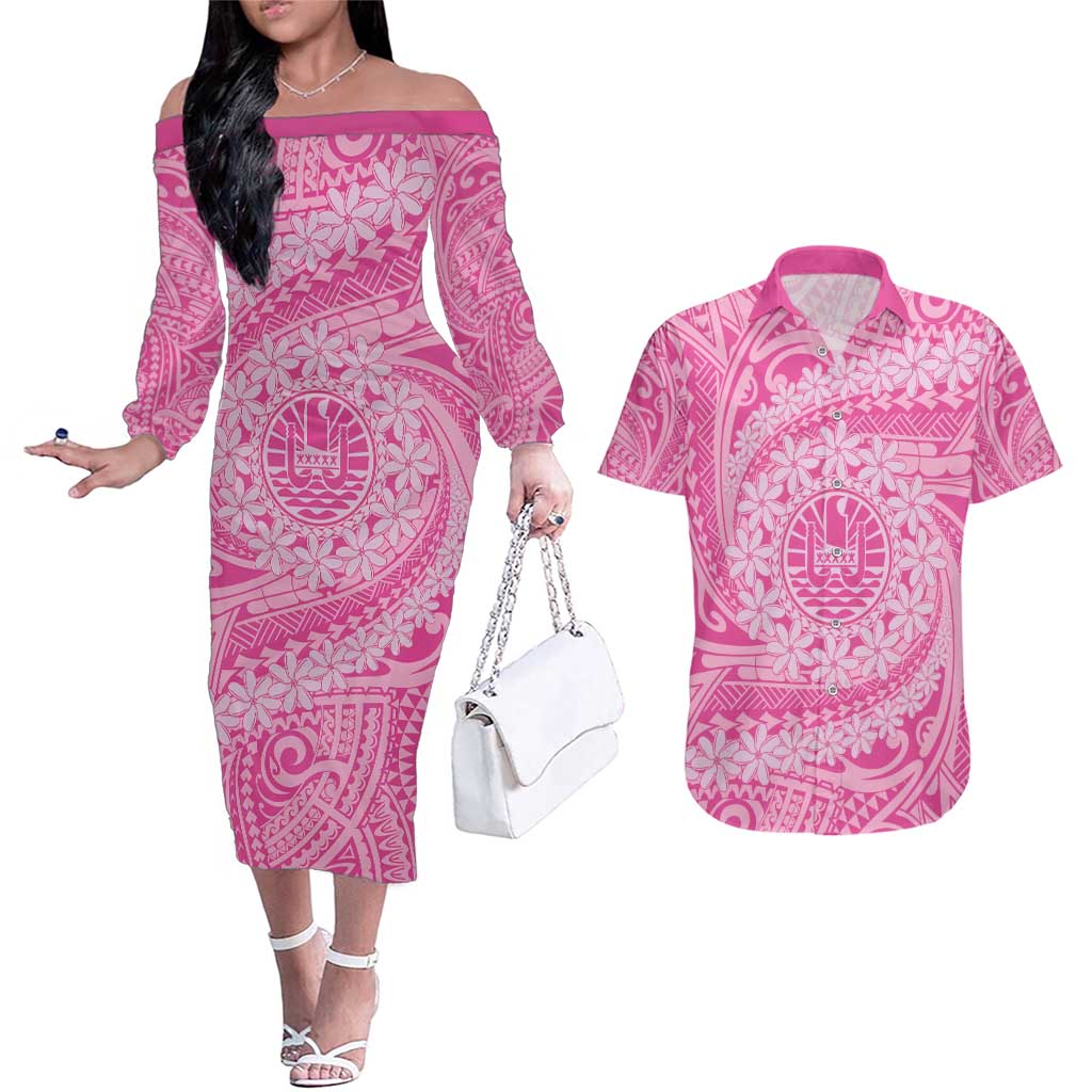 Tahitian Tiare Flower Couples Matching Off The Shoulder Long Sleeve Dress and Hawaiian Shirt Pink Polynesian Pattern LT9 Pink - Polynesian Pride