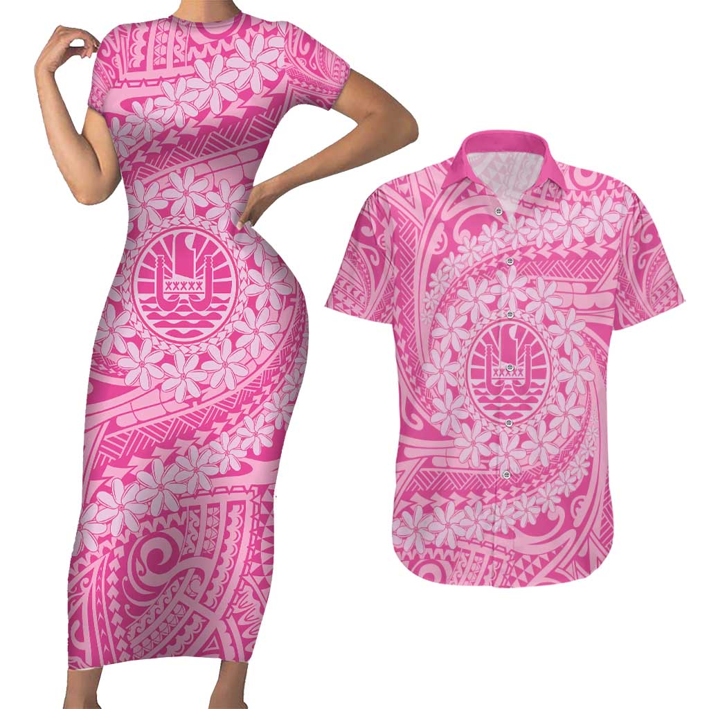 Tahitian Tiare Flower Couples Matching Short Sleeve Bodycon Dress and Hawaiian Shirt Pink Polynesian Pattern LT9 Pink - Polynesian Pride