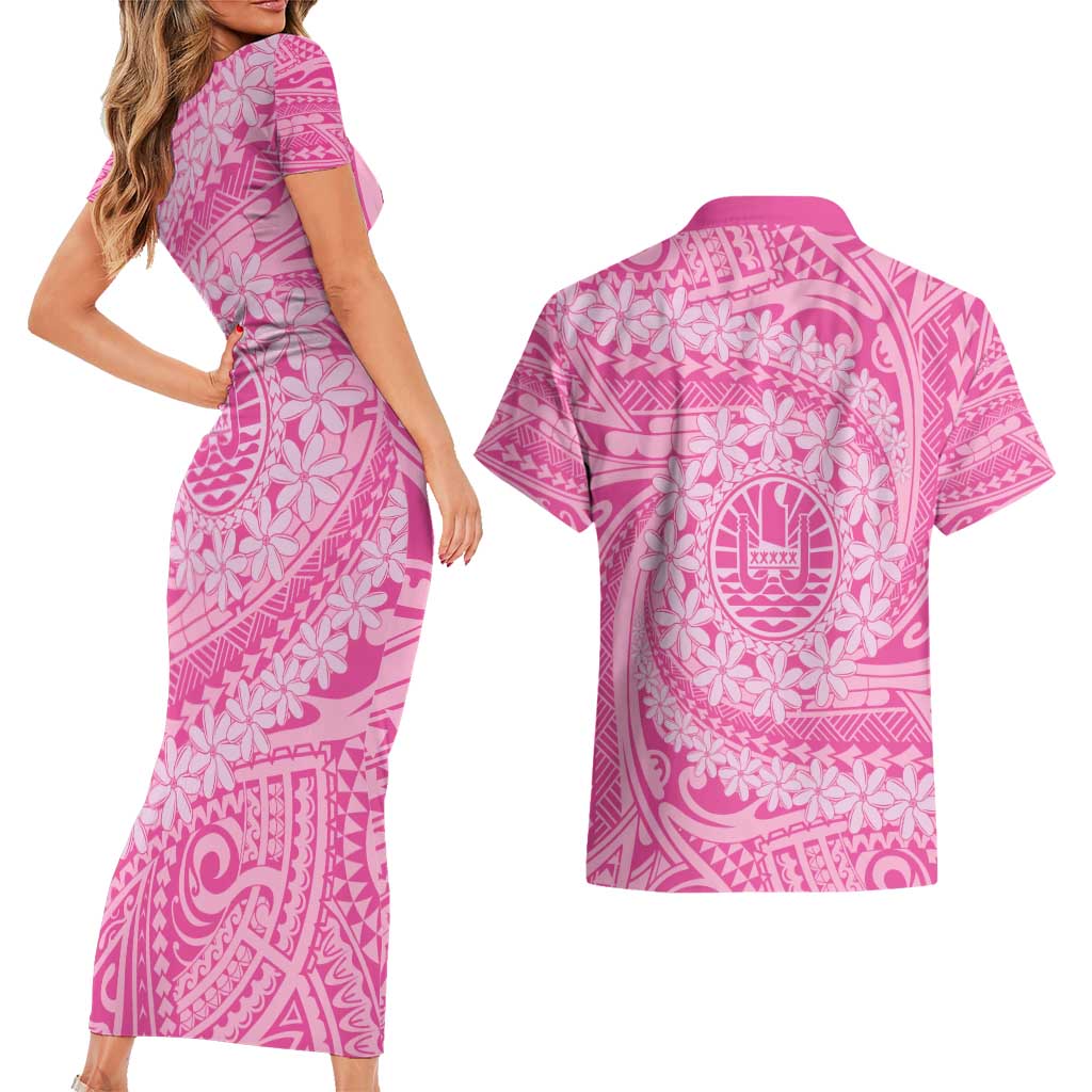 Tahitian Tiare Flower Couples Matching Short Sleeve Bodycon Dress and Hawaiian Shirt Pink Polynesian Pattern LT9 - Polynesian Pride