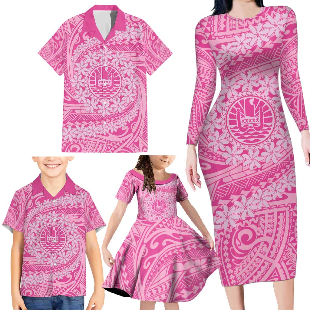 Tahitian Tiare Flower Family Matching Long Sleeve Bodycon Dress and Hawaiian Shirt Pink Polynesian Pattern LT9 - Polynesian Pride