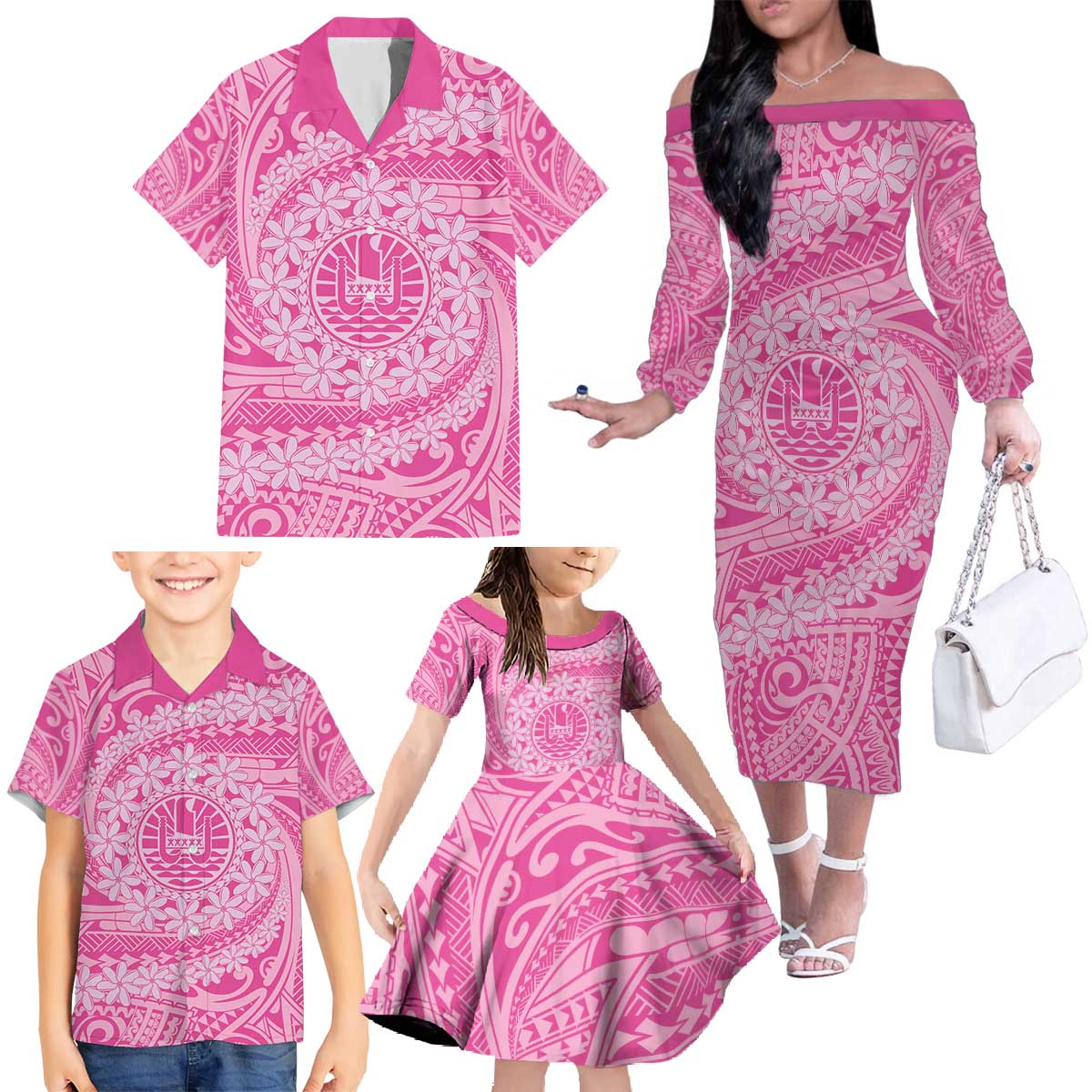 Tahitian Tiare Flower Family Matching Off The Shoulder Long Sleeve Dress and Hawaiian Shirt Pink Polynesian Pattern LT9 - Polynesian Pride