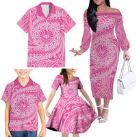 Tahitian Tiare Flower Family Matching Off The Shoulder Long Sleeve Dress and Hawaiian Shirt Pink Polynesian Pattern LT9 - Polynesian Pride