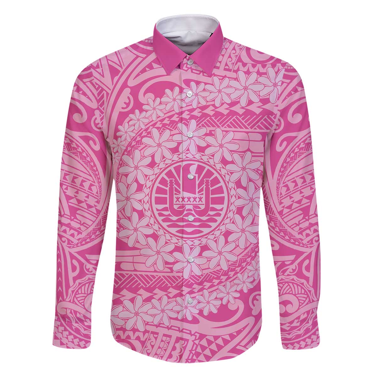 Tahitian Tiare Flower Family Matching Off The Shoulder Long Sleeve Dress and Hawaiian Shirt Pink Polynesian Pattern LT9 Dad's Shirt - Long Sleeve Pink - Polynesian Pride