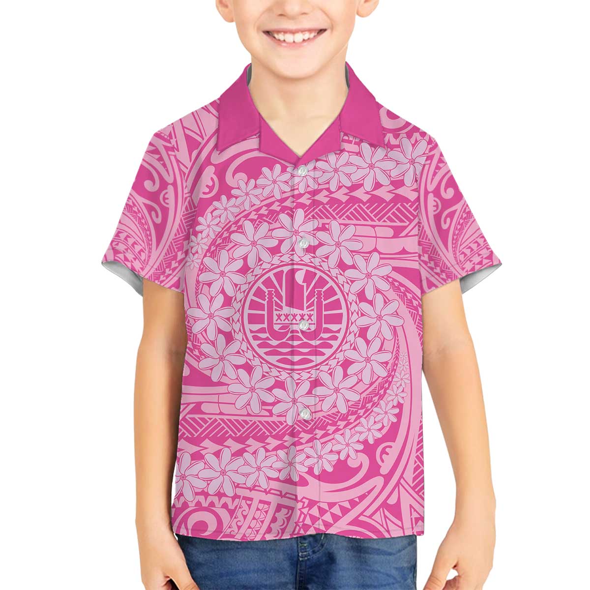 Tahitian Tiare Flower Family Matching Off The Shoulder Long Sleeve Dress and Hawaiian Shirt Pink Polynesian Pattern LT9 Son's Shirt Pink - Polynesian Pride