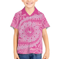 Tahitian Tiare Flower Family Matching Off The Shoulder Long Sleeve Dress and Hawaiian Shirt Pink Polynesian Pattern LT9 Son's Shirt Pink - Polynesian Pride