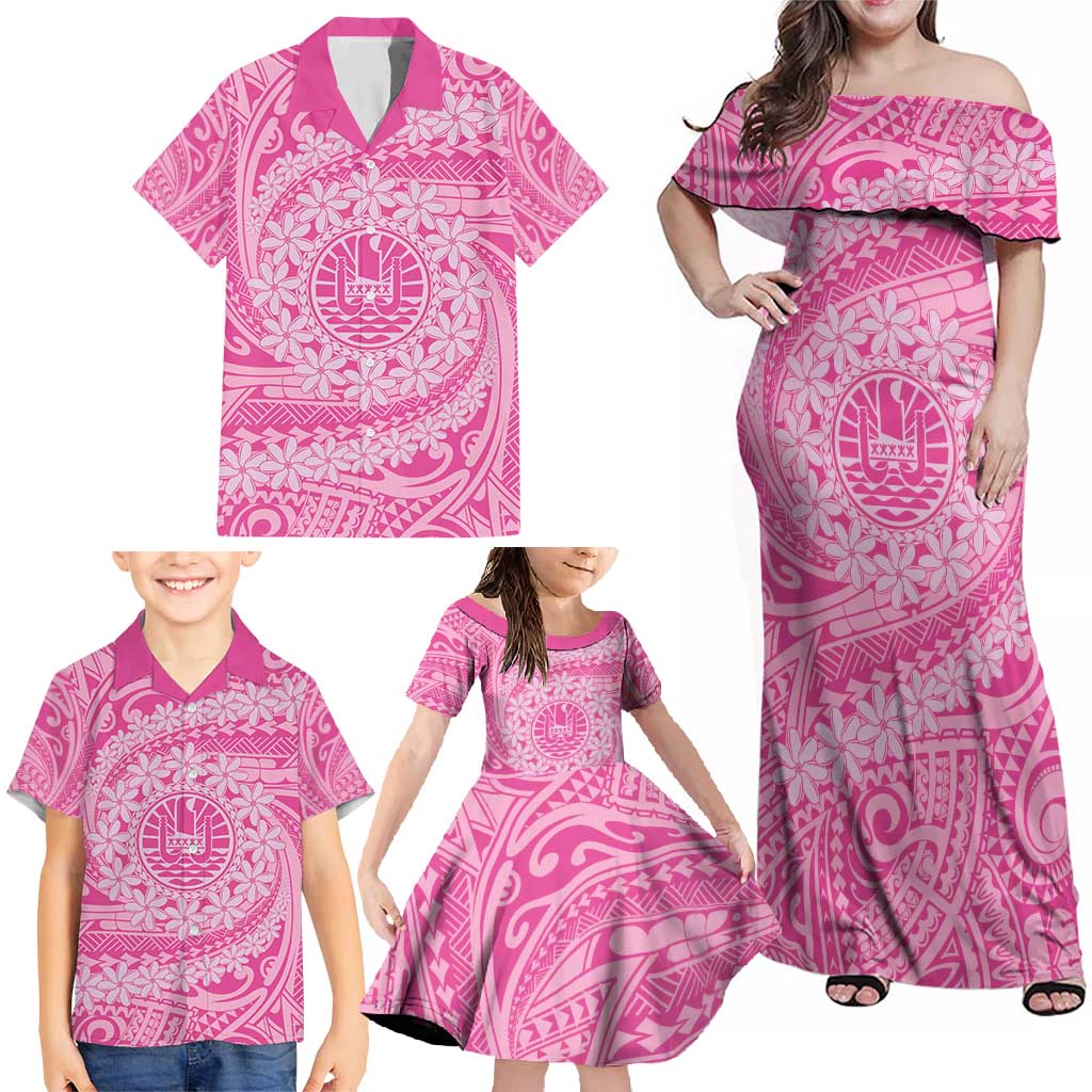 Tahitian Tiare Flower Family Matching Off Shoulder Maxi Dress and Hawaiian Shirt Pink Polynesian Pattern LT9 - Polynesian Pride