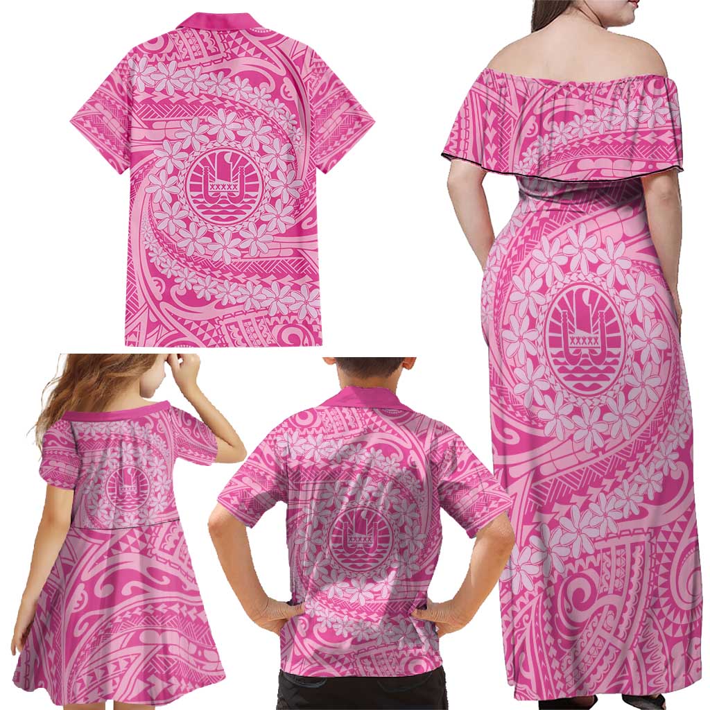 Tahitian Tiare Flower Family Matching Off Shoulder Maxi Dress and Hawaiian Shirt Pink Polynesian Pattern LT9 - Polynesian Pride