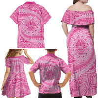 Tahitian Tiare Flower Family Matching Off Shoulder Maxi Dress and Hawaiian Shirt Pink Polynesian Pattern LT9 - Polynesian Pride