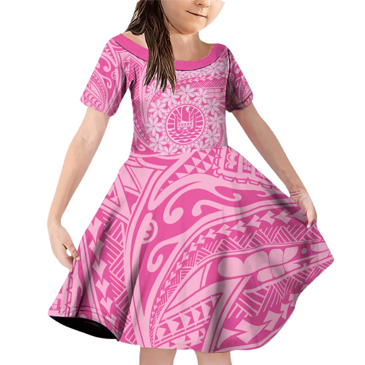 Tahitian Tiare Flower Family Matching Off Shoulder Short Dress and Hawaiian Shirt Pink Polynesian Pattern LT9 Daughter's Dress Pink - Polynesian Pride